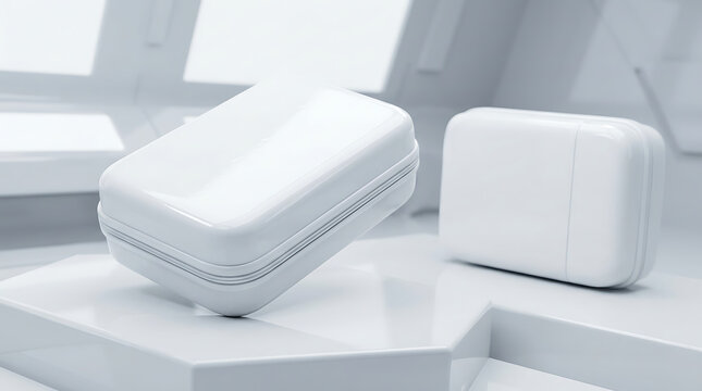 Clean White Rectangular Accessories Tech Organizer Containers With Subtle Grooves On A Futuristic White Platform