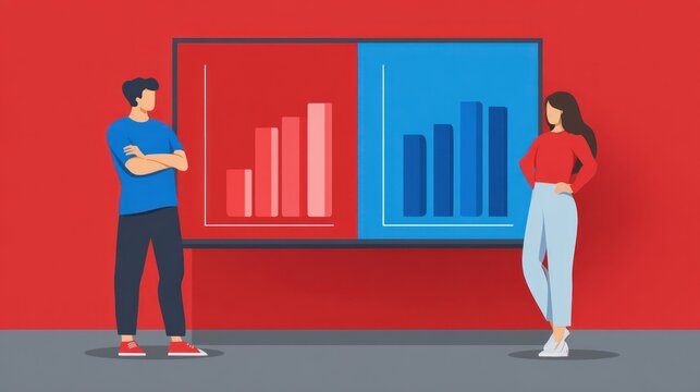 Two figures facing contrasting bar graphs
