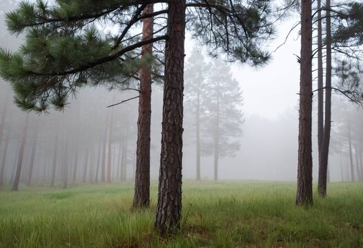 Misty pine forest landscape with tall trees in atmospheric fog