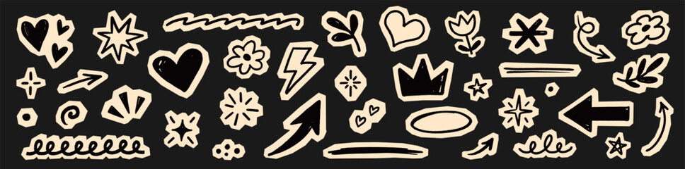 Fototapeta na wymiar Paper sticker arrow heart set. Hand drawn paper sticker arrow heart star collage scrapbook texture. Cute diary notebook crown craft cutout y2k grunge background. Vector