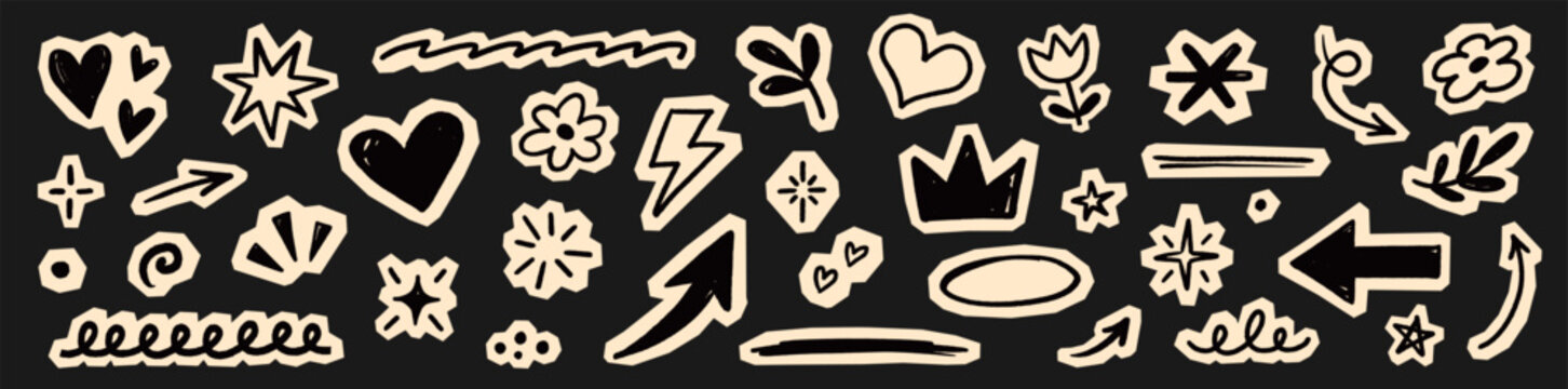 Paper sticker arrow heart set. Hand drawn paper sticker arrow heart star collage scrapbook texture. Cute diary notebook crown craft cutout y2k grunge background. Vector