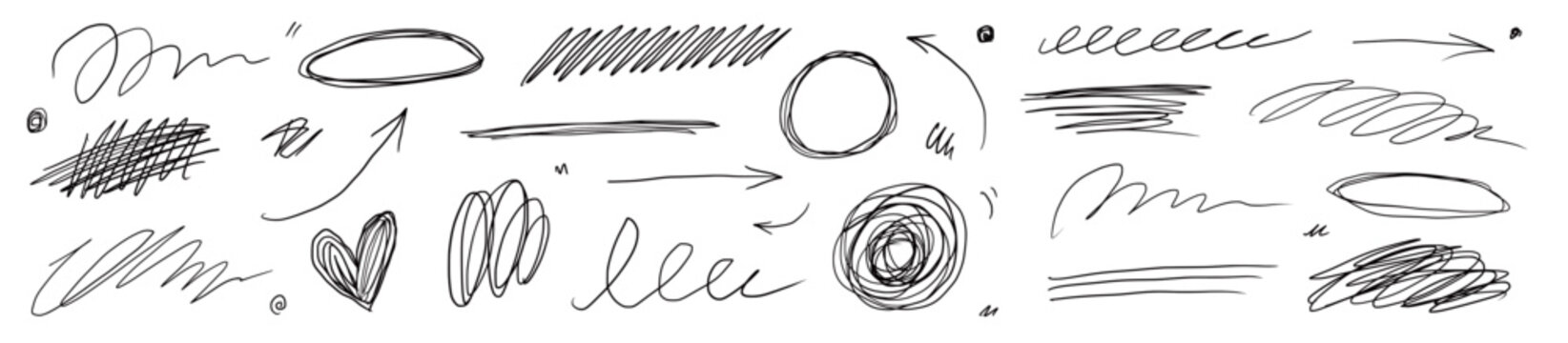 Scribble line pen doodle set. Hand drawn scribble line pen doodle scratch pencil texture circle brush. School arrow notebook text highlight handwritten sketchy background. Vector