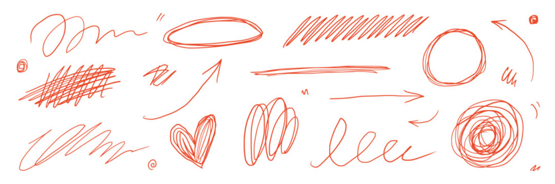 Pen scribble red line doodle set. Hand drawn pen scribble line doodle scratch texture red pencil stroke brush. School notebook text highlight crayon handwritten messy background. Vector