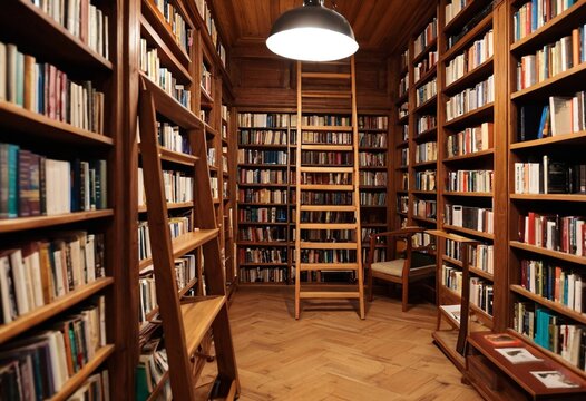 Warm wooden library shelves filled with books, cozy reading room interior design