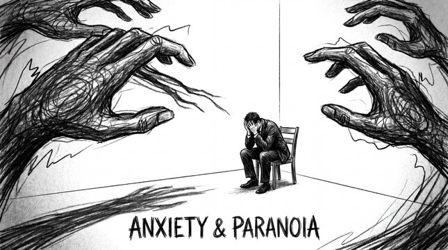 Man suffering from anxiety and paranoia surrounded by shadowy hands.
