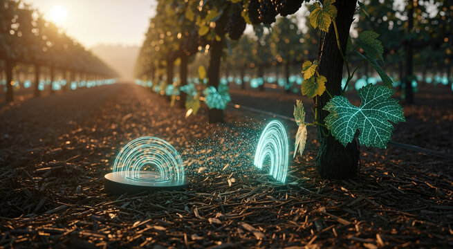 Ground sensor emitting glowing teal data signals in vineyard during golden hour. Smart agriculture concept for viticulture monitoring, digital farming node and grape vine leaf vein connectivity