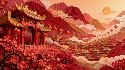 Obraz premium Traditional Chinese Paper Landscape with layered red and gold mountains, architecture and clouds in an intricate decorative composition.
