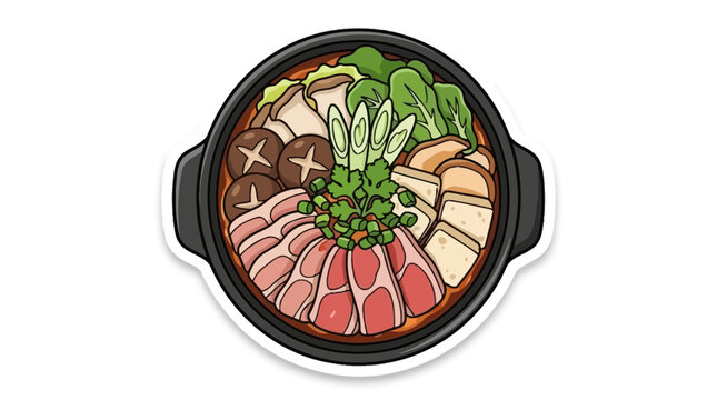 Japanese sukiyaki hot pot top view illustration.