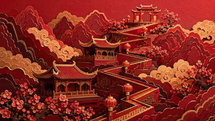 Obraz premium Layered Oriental Design in a rich red and gold palette, combining ornate paper textures, cultural symbolism and decorative visual depth.