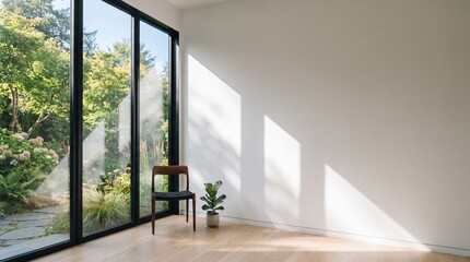 Fototapeta premium Minimalist bright room corner with empty wooden chair small potted plant and glass walls facing garden
