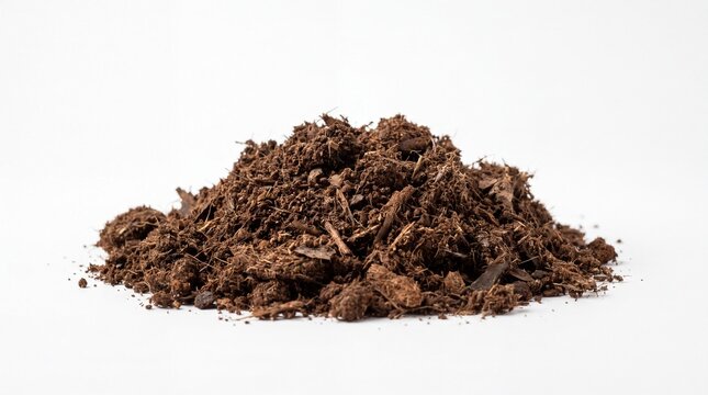 Pile of rich dark soil and organic matter isolated on white background.