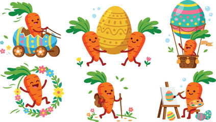 Naklejka premium Cute Easter Carrot Character Vector Icon Set Featuring Happy Kawaii Carrots Painting Eggs Flying Hot Air Balloon and Driving Egg Car for Holiday Designs