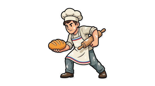 Male chef holding fresh bread and rolling pin.