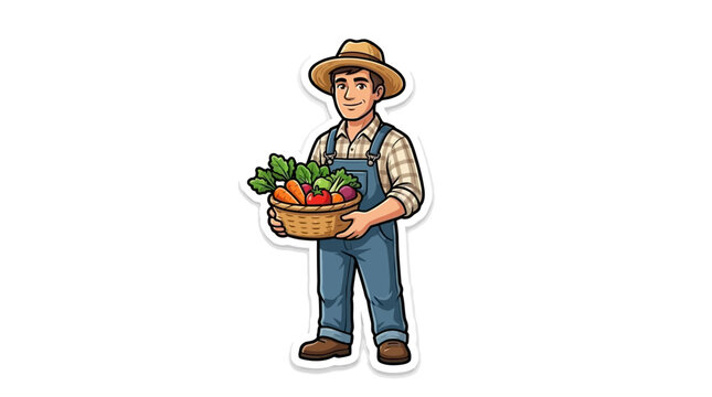 Male farmer holding basket of fresh vegetables sticker.
