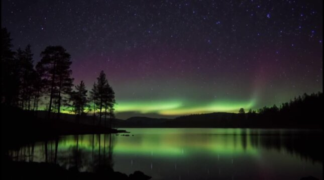 This spectacular light shines through the silhouettes of pine trees and reflects with perfect clarity upon the calm lake surface, creating a serene, magical, and breathtaking nocturnal landscape.