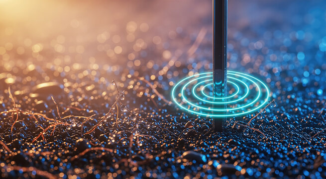 Close-up of smart soil probe inserted into wet dark earth emitting glowing cyan signal rings. Soil moisture sensor with glistening dewdrops and warm bokeh lighting for precision agriculture