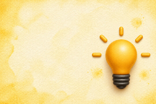 Watercolor light bulb on soft yellow background with copy space
