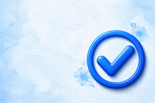 Blue watercolor check mark in a circle on soft blue background with copy space