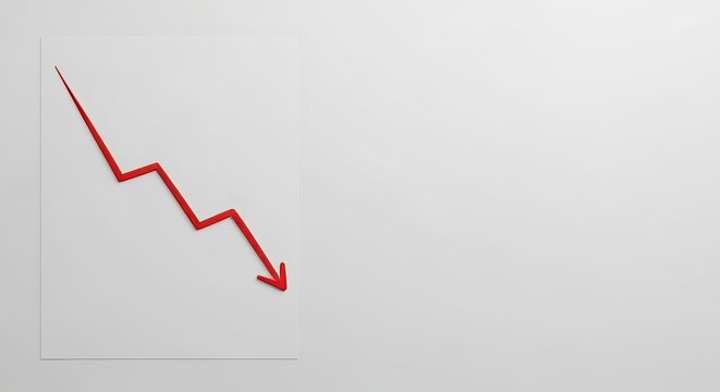 Minimalist red downward trend line on white paper isolated on plain background for financial data.