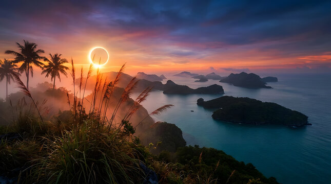 Annular solar eclipse over tropical islands and ocean