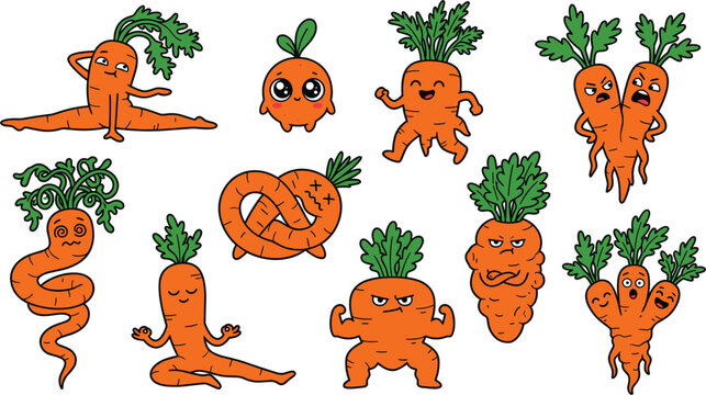 Funny Odd Shaped Ugly Carrots Character Vector Icon Set Featuring Weird Vegetables Doing Yoga Flexing and Displaying Angry Expressions for Healthy Food Designs