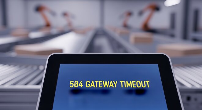 A Digital Screening Display Showing 504 Gateway Timeout Warning Error in an Automated Warehouse Hub