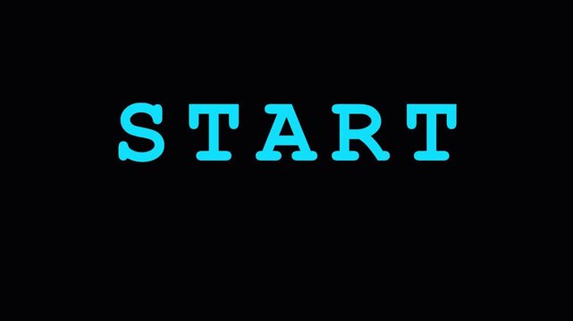 START text in various glitchy and glowing styles against a dark background