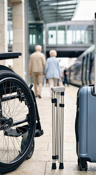 Wheelchair, folded cane, and suitcase on a train station platform. Blurred senior couple walking towards a train in the background. Accessible travel concept