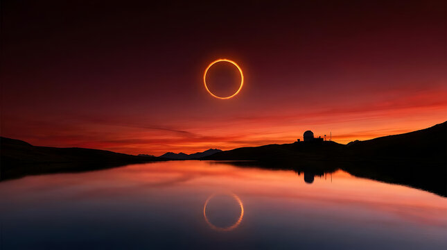 Annular solar eclipse ring of fire over calm water.