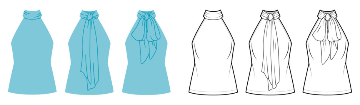 Halter neck top with bow tie detail, sleeveless fitted silhouette and smooth shaping lines. Technical fashion illustration in black and white and color, front and back views, modern apparel CAD