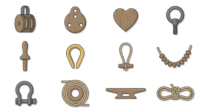 Vintage nautical rigging hardware elements including ropes wooden blocks and shackles