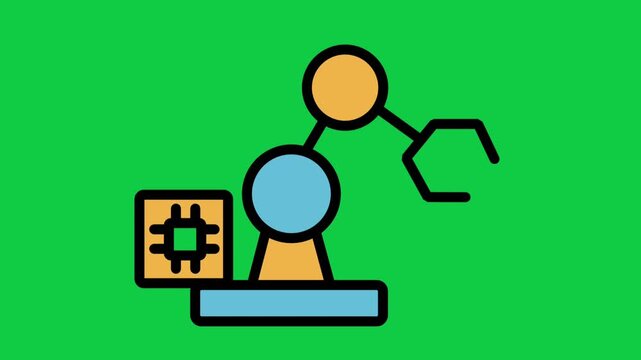 AI Robotic Arm Motion Icon. Animated mechanical robotic arm icon paired with CPU microchip chip for smart factory automation and artificial intelligence manufacturing.