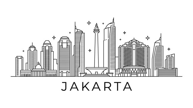 Jakarta Indonesia city skyline line art illustration.