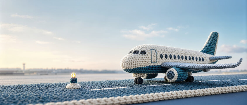 Cream and teal knitted airplane on a crocheted tarmac. Sustainable aviation concept with a glowing runway light at sunrise. Eco friendly future travel