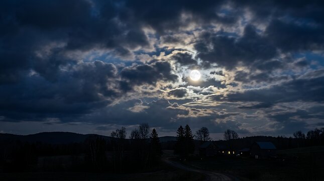 Luminous Full Moon Piercing Dramatic Night Clouds Over Dark Rural Landscape Silhouette Scene full moon night sky dramatic clouds dark landscape luminous moon cloudscape moonlit night scene rural