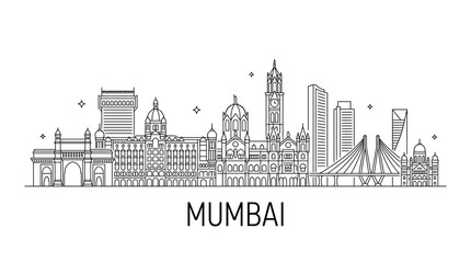 Obraz premium Mumbai city skyline line art illustration with Gateway landmarks.