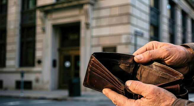 Close up of weathered hands holding an empty brown leather wallet. Poor man showing no money on a city street. Poverty and financial crisis concept