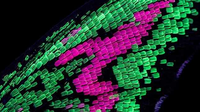 Fluorescent microscopic view of cellular structures in vibrant green and magenta.