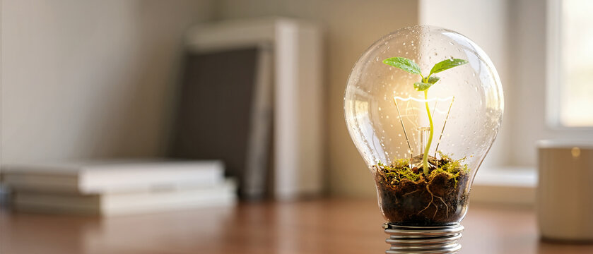 Glowing lightbulb with a green seedling growing inside on a wooden desk. Concept of green energy, sustainability and creative ideas