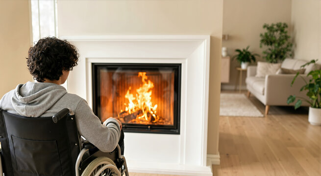 Rear view of a young adult in a wheelchair looking at a burning fireplace. Person sitting in wheelchair in a modern living room with warm orange flames. Cozy home interior concept