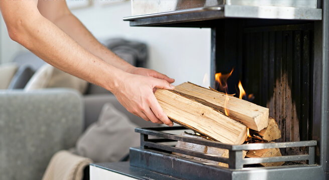 Close up of human hands placing firewood into a burning fireplace. Person stoking fire with light tan wood logs. Cozy home heating concept