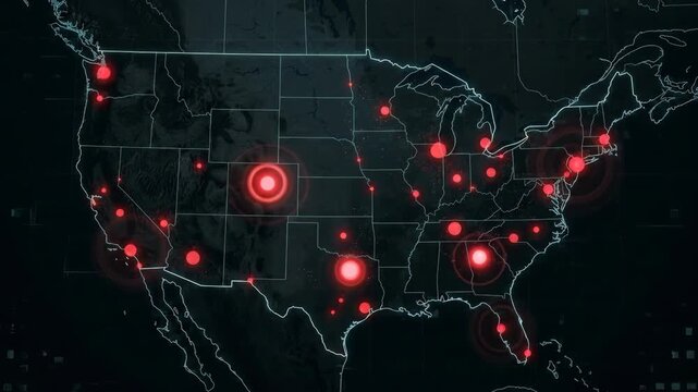 A dark digital map of the United States displaying pulsating red target markers to represent regional virus outbreaks or data security threats. Perfect for breaking news graphics, sci-fi interface dis