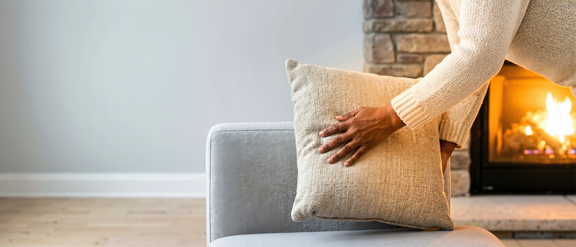 Close up of a woman adjusting a textured beige pillow on a grey sofa. Cozy living room with a burning stone fireplace in the background