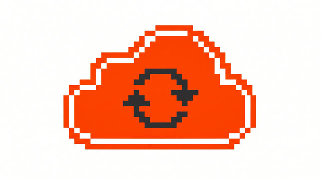 Pixel Art Orange Cloud Sync Icon with Refresh Arrows Isolated on White Background