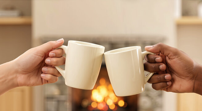 Close up of diverse hands toasting with ceramic mugs. Warm blurred fireplace background with glowing bokeh