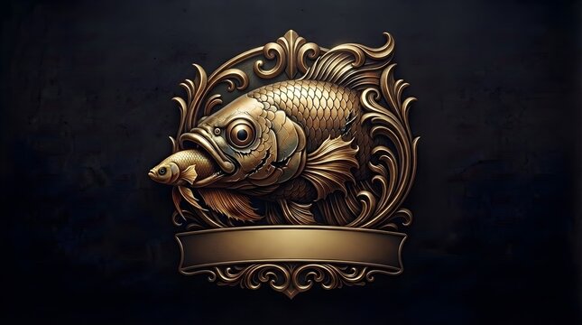 A luxurious antique-style brass crest featuring a detailed big fish holding a little fish in its mouth, framed by elaborate scrollwork with a blank ribbon banner below on a deep dark background.
