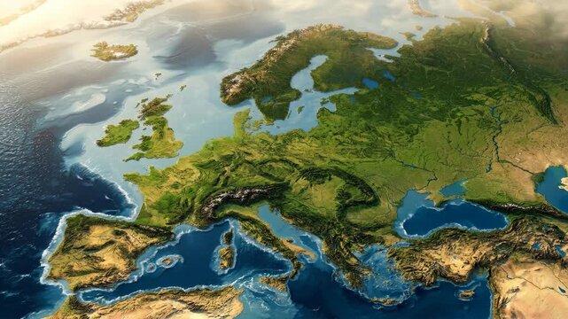 A vibrant 3D animated satellite view of Europe featuring green landscapes, mountain ranges, and surrounding seas. Perfect for documentaries, international news broadcasts, geographical presentations, 