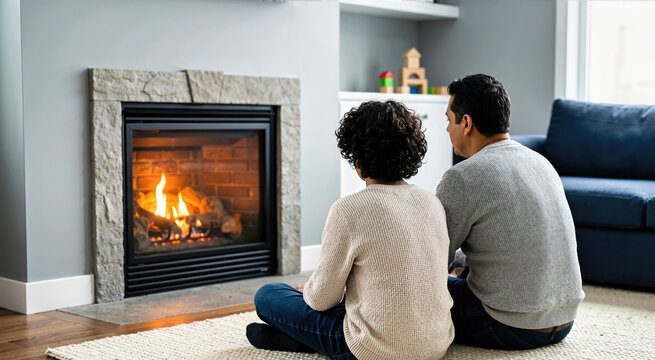Latino father and teenage child sitting on a rug by a warm fireplace. Back view of family relaxing in a modern living room