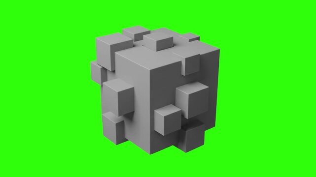 Geometric grey 3D cube with smaller extruded block fragments attached to its surface, isolated on a chroma key green background. Suitable for tech visualizers, architecture graphics, sci-fi overlays, 