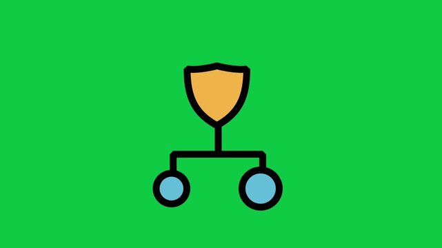 Protected Network Motion Icon. Animated network node icon with security shield representing encrypted network topology, secure data distribution, and cybersecurity protection.